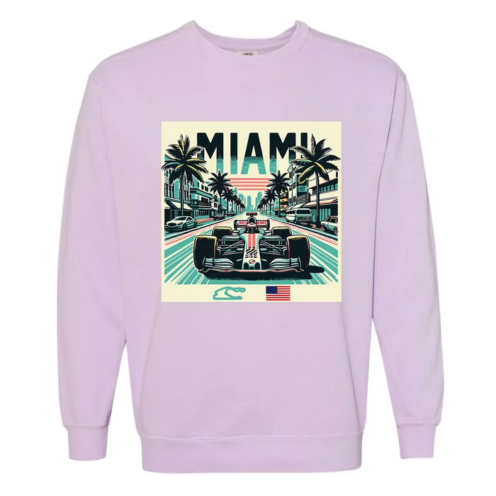 Formula Racing Open Wheel Car Retro Miami Circuit Usa Flag Garment-Dyed Sweatshirt