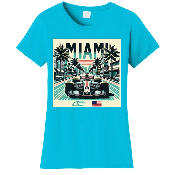 Formula Racing Open Wheel Car Retro Miami Circuit Usa Flag Women's T-Shirt