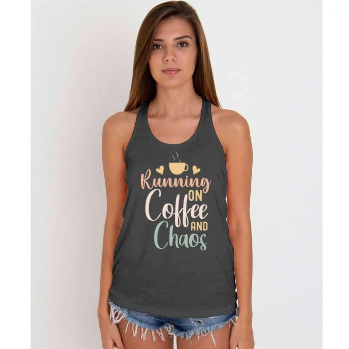 Funny Running on Coffee and Chaos Saying Coffee Addict Humor Women's Knotted Racerback Tank