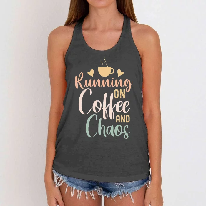 Funny Running on Coffee and Chaos Saying Coffee Addict Humor Women's Knotted Racerback Tank