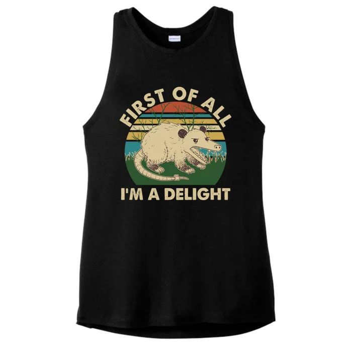 Funny Retro Opossum First Of All Im A Delight Ladies Tri-Blend Wicking Tank