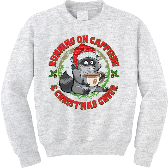 Funny Running On Caffeine And Christmas Cheer Coffee Raccoon Kids Sweatshirt