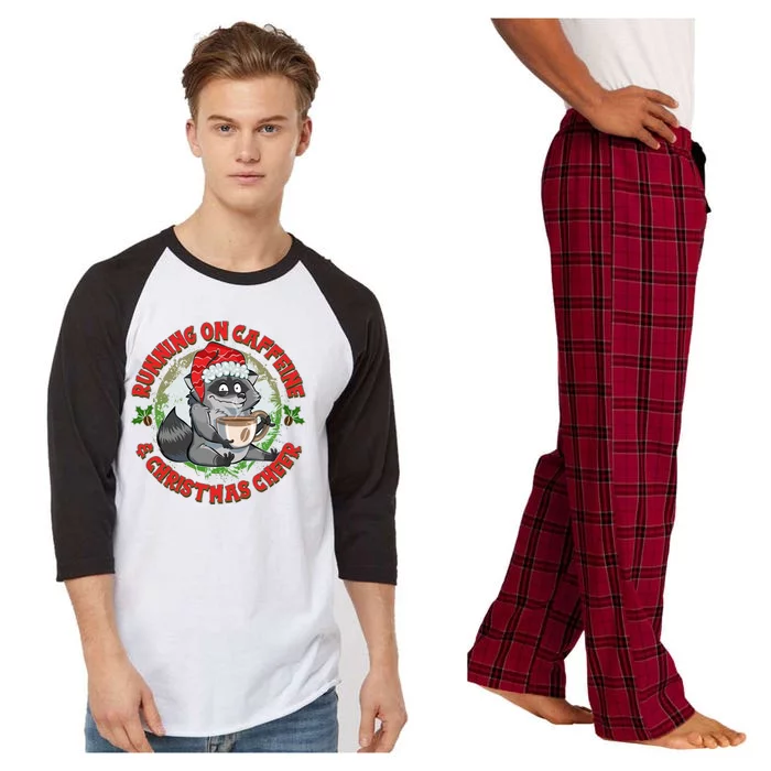 Funny Running On Caffeine And Christmas Cheer Coffee Raccoon Raglan Sleeve Pajama Set