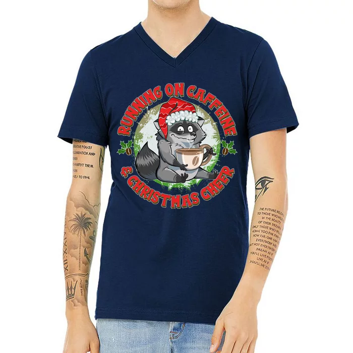 Funny Running On Caffeine And Christmas Cheer Coffee Raccoon V-Neck T-Shirt