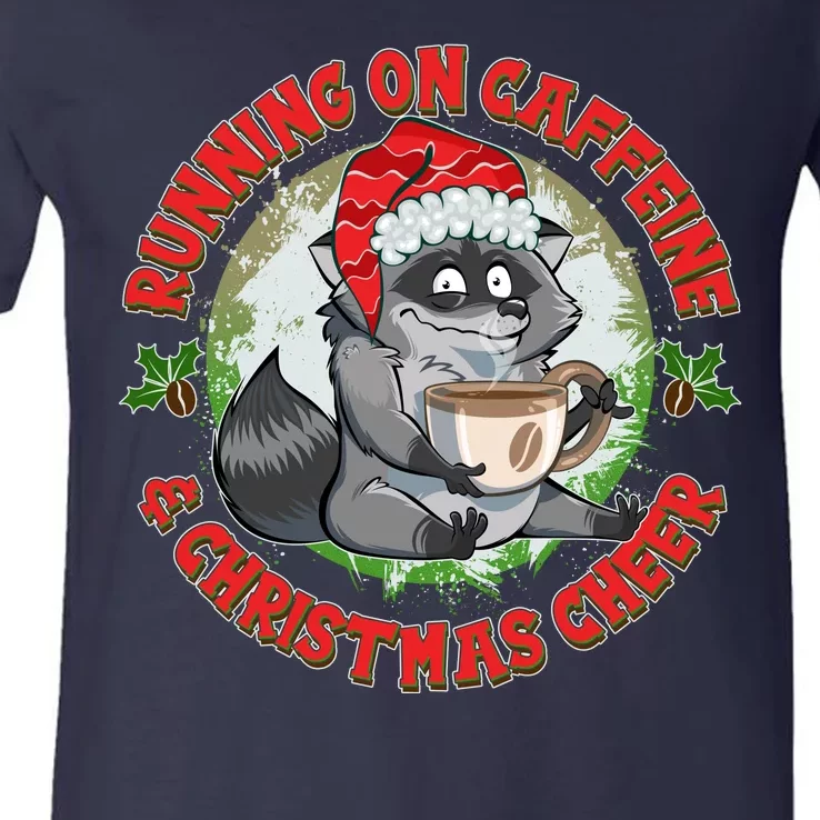 Funny Running On Caffeine And Christmas Cheer Coffee Raccoon V-Neck T-Shirt