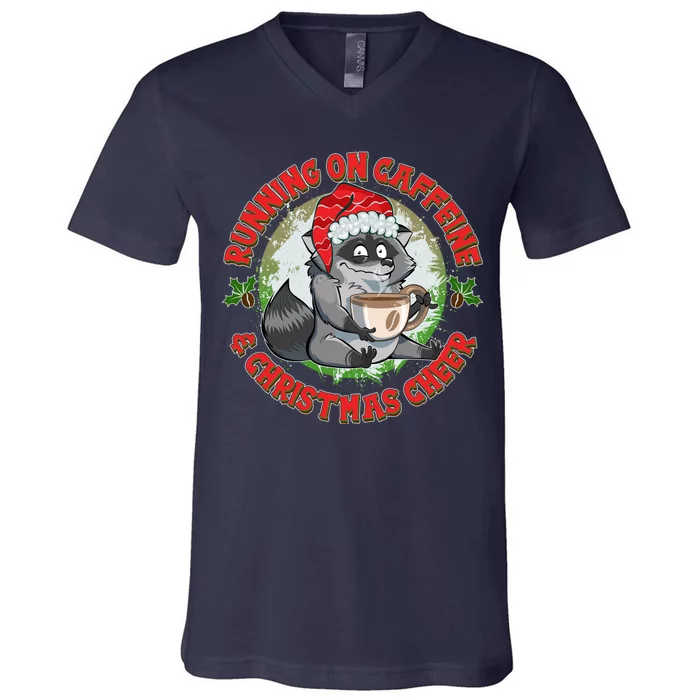 Funny Running On Caffeine And Christmas Cheer Coffee Raccoon V-Neck T-Shirt