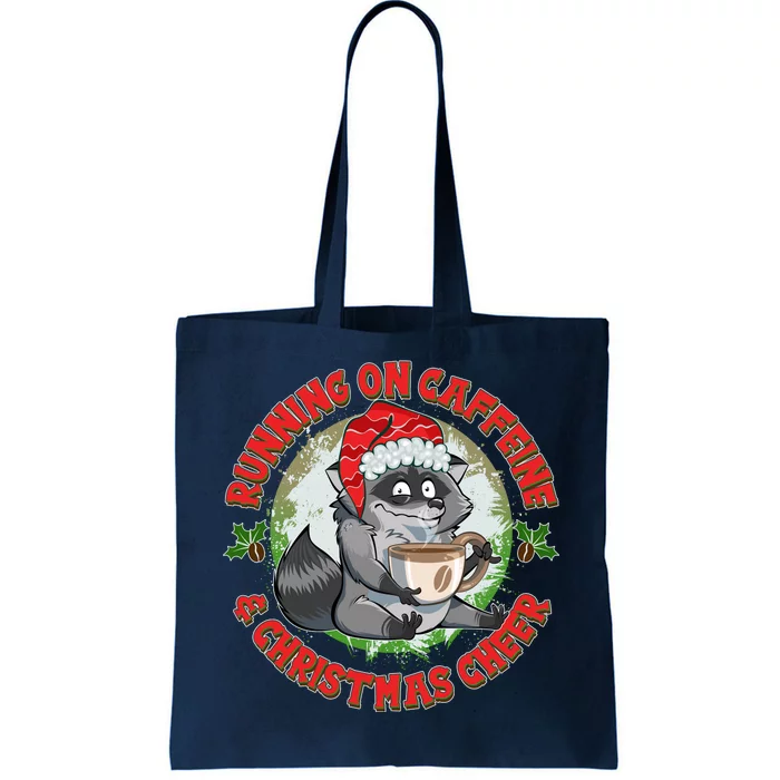 Funny Running On Caffeine And Christmas Cheer Coffee Raccoon Tote Bag