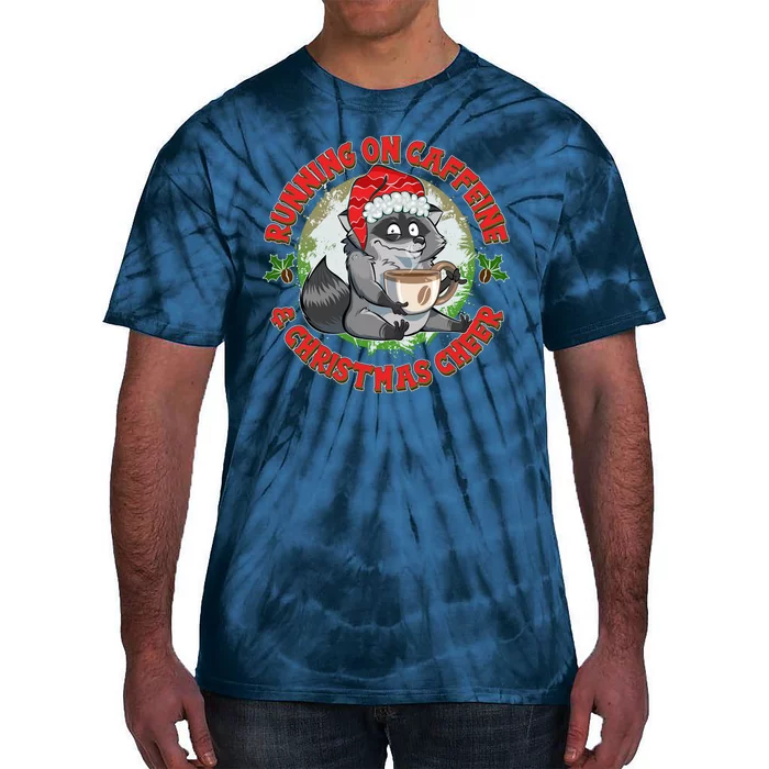 Funny Running On Caffeine And Christmas Cheer Coffee Raccoon Tie-Dye T-Shirt