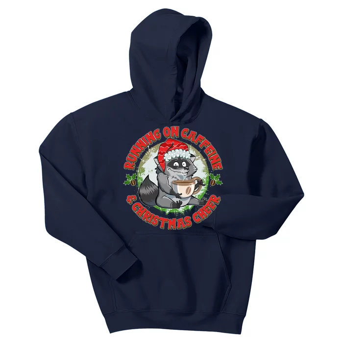 Funny Running On Caffeine And Christmas Cheer Coffee Raccoon Kids Hoodie