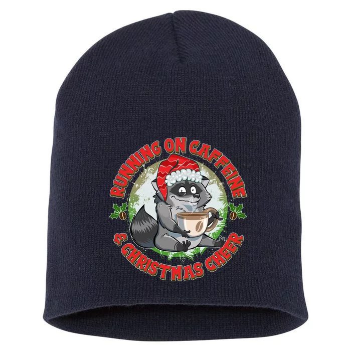 Funny Running On Caffeine And Christmas Cheer Coffee Raccoon Short Acrylic Beanie