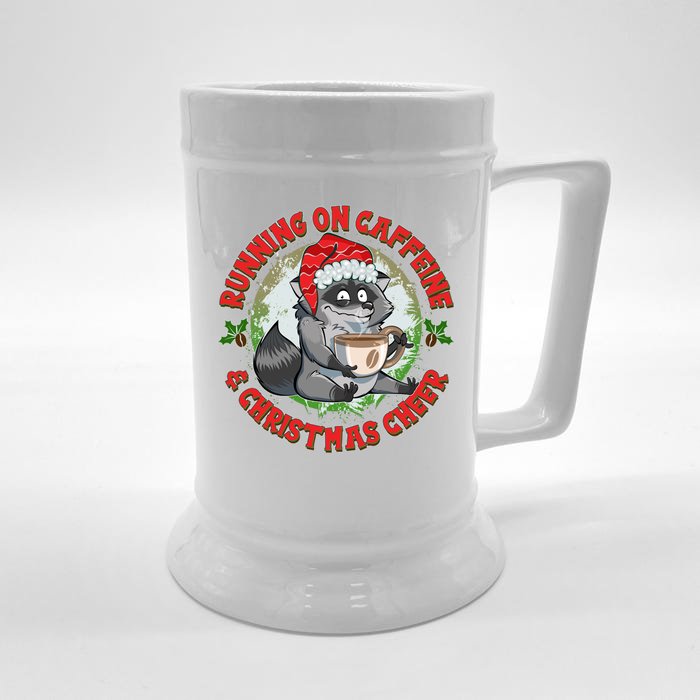 Funny Running On Caffeine And Christmas Cheer Coffee Raccoon Front & Back Beer Stein