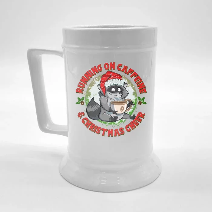 Funny Running On Caffeine And Christmas Cheer Coffee Raccoon Front & Back Beer Stein