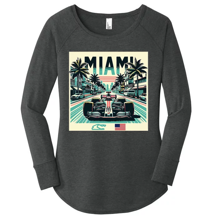 Formula Racing Open Wheel Car Retro Miami Circuit Usa Flag Women's Perfect Tri Tunic Long Sleeve Shirt