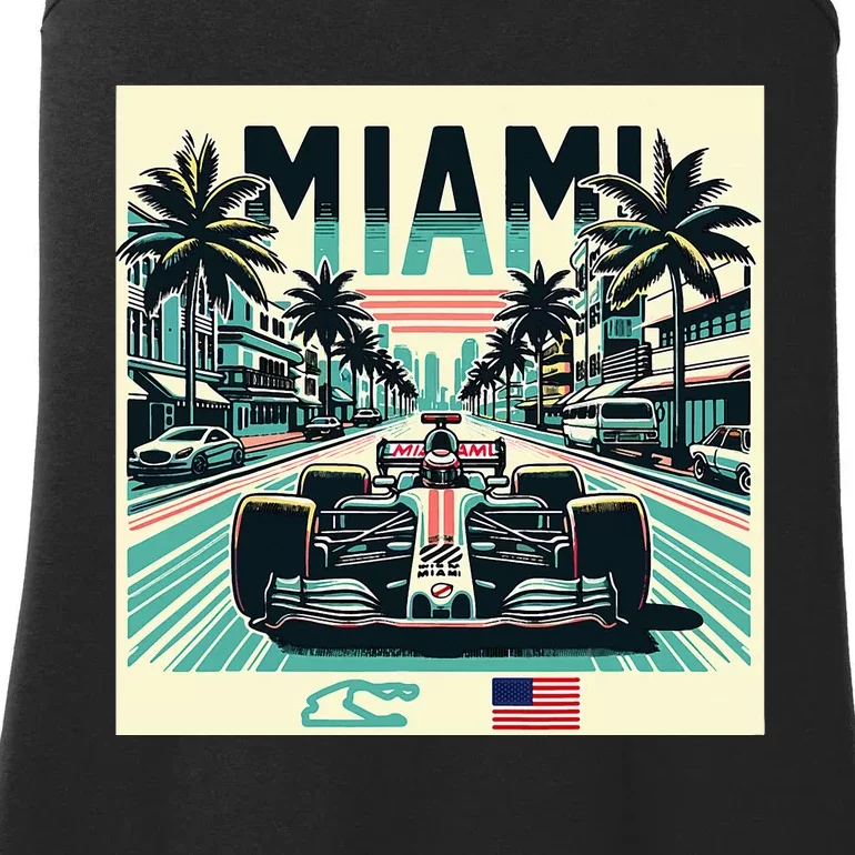 Formula Racing Open Wheel Car Retro Miami Circuit Usa Flag Ladies Essential Tank