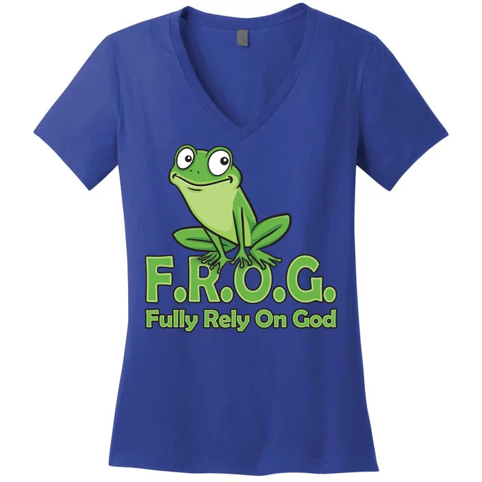 Frog Fully Rely On God Women's V-Neck T-Shirt