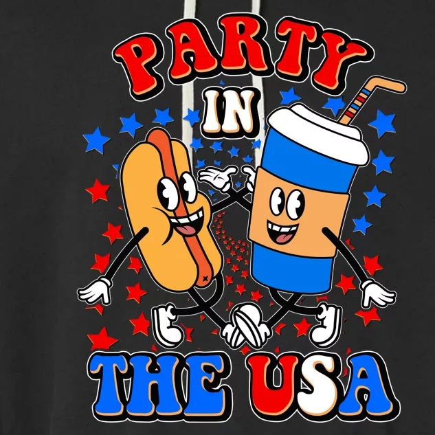 Funny Retro Party In The USA Retro Cartoon Hotdog Soda Pop Drink Garment-Dyed Fleece Hoodie