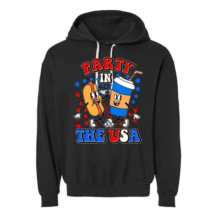 Funny Retro Party In The USA Retro Cartoon Hotdog Soda Pop Drink Garment-Dyed Fleece Hoodie