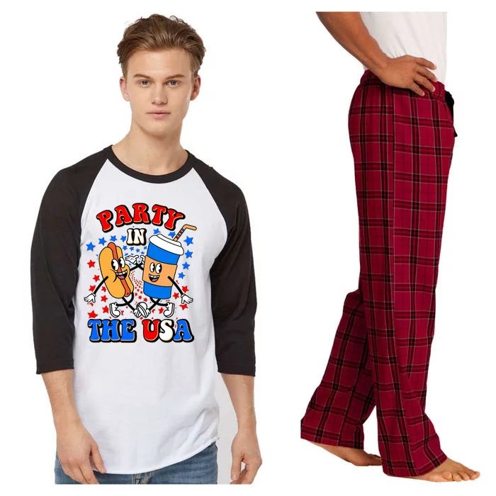 Funny Retro Party In The USA Retro Cartoon Hotdog Soda Pop Drink Raglan Sleeve Pajama Set