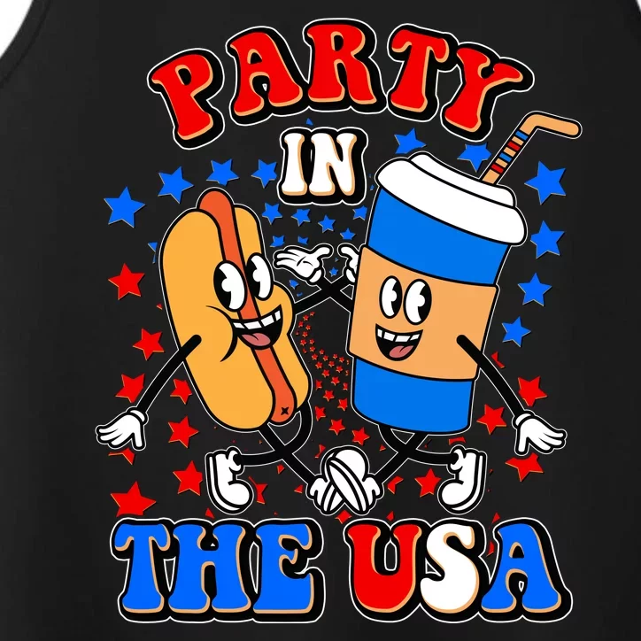 Funny Retro Party In The USA Retro Cartoon Hotdog Soda Pop Drink Performance Tank