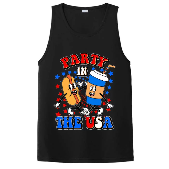 Funny Retro Party In The USA Retro Cartoon Hotdog Soda Pop Drink Performance Tank