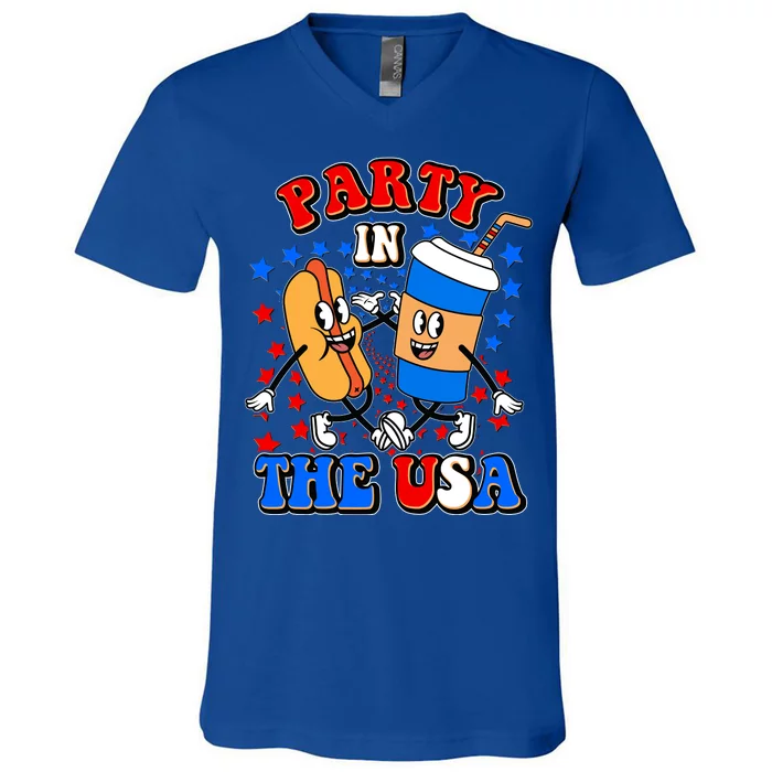 Funny Retro Party In The USA Retro Cartoon Hotdog Soda Pop Drink V-Neck T-Shirt