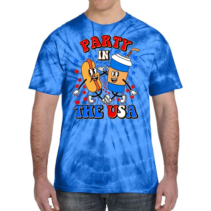 Funny Retro Party In The USA Retro Cartoon Hotdog Soda Pop Drink Tie-Dye T-Shirt