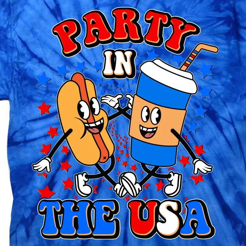 Funny Retro Party In The USA Retro Cartoon Hotdog Soda Pop Drink Tie-Dye T-Shirt