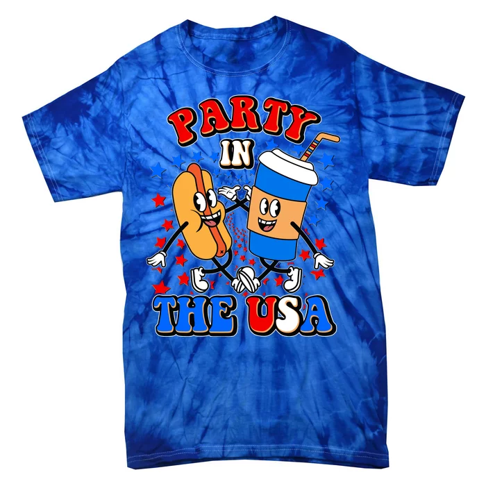 Funny Retro Party In The USA Retro Cartoon Hotdog Soda Pop Drink Tie-Dye T-Shirt