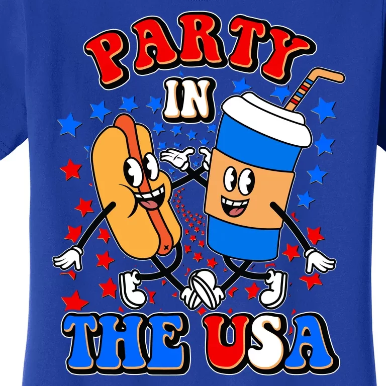 Funny Retro Party In The USA Retro Cartoon Hotdog Soda Pop Drink Women's T-Shirt