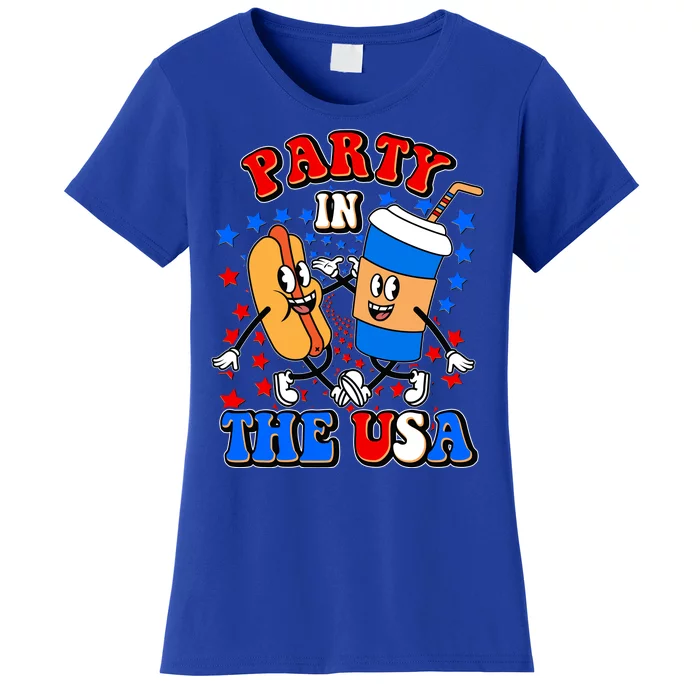 Funny Retro Party In The USA Retro Cartoon Hotdog Soda Pop Drink Women's T-Shirt