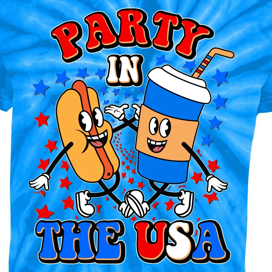 Funny Retro Party In The USA Retro Cartoon Hotdog Soda Pop Drink Kids Tie-Dye T-Shirt