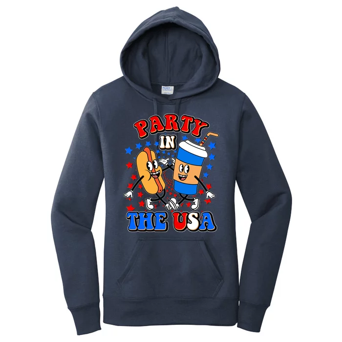 Funny Retro Party In The USA Retro Cartoon Hotdog Soda Pop Drink Women's Pullover Hoodie