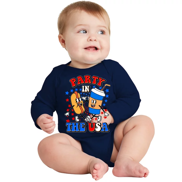 Funny Retro Party In The USA Retro Cartoon Hotdog Soda Pop Drink Baby Long Sleeve Bodysuit