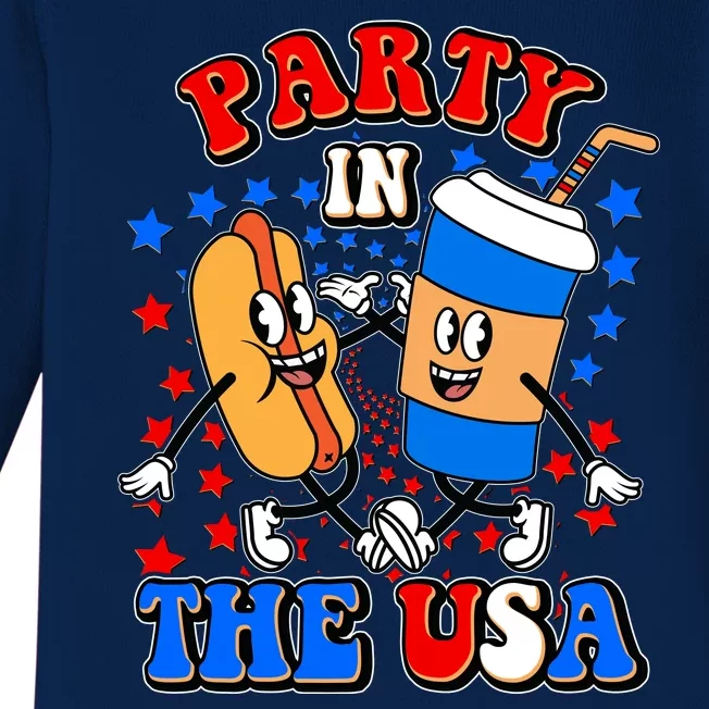 Funny Retro Party In The USA Retro Cartoon Hotdog Soda Pop Drink Baby Long Sleeve Bodysuit