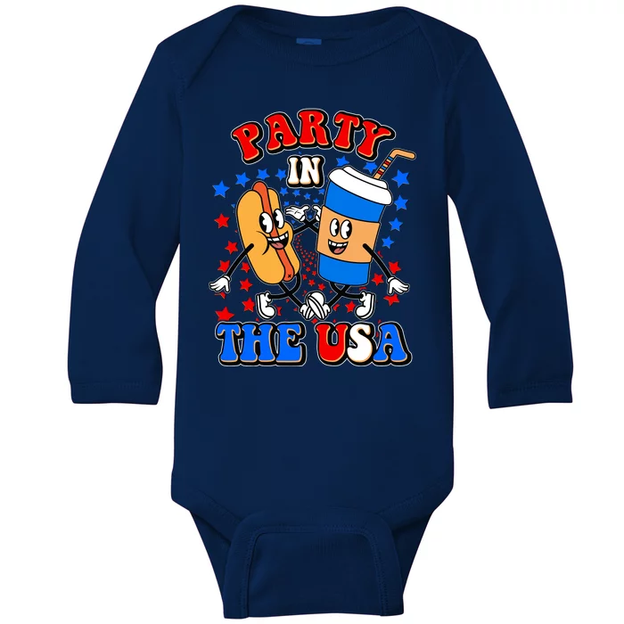 Funny Retro Party In The USA Retro Cartoon Hotdog Soda Pop Drink Baby Long Sleeve Bodysuit