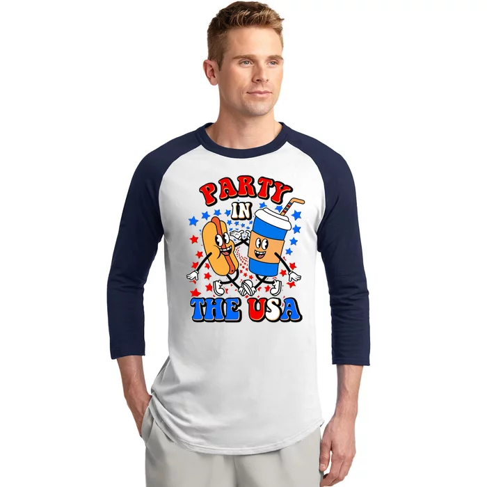 Funny Retro Party In The USA Retro Cartoon Hotdog Soda Pop Drink Baseball Sleeve Shirt