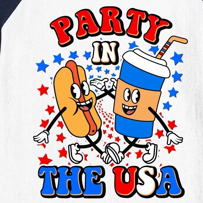 Funny Retro Party In The USA Retro Cartoon Hotdog Soda Pop Drink Baseball Sleeve Shirt