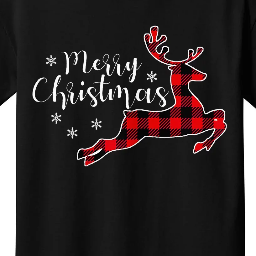 Festive Red Plaid Christmas Reindeer Snowflake Design Kids T-Shirt