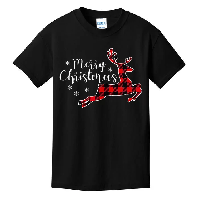 Festive Red Plaid Christmas Reindeer Snowflake Design Kids T-Shirt