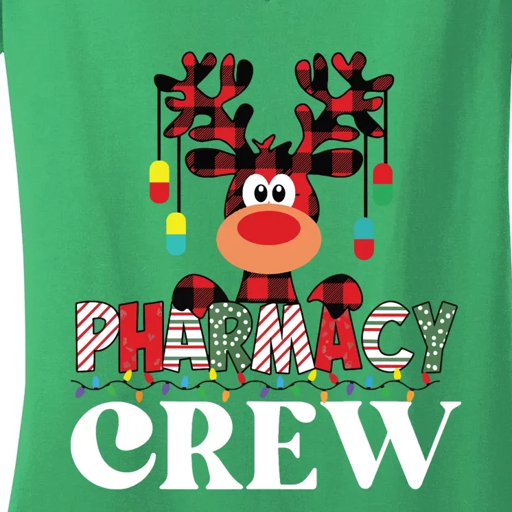 Funny Red Plaid Reindeer Pharmacy Crew Christmas Women's V-Neck T-Shirt