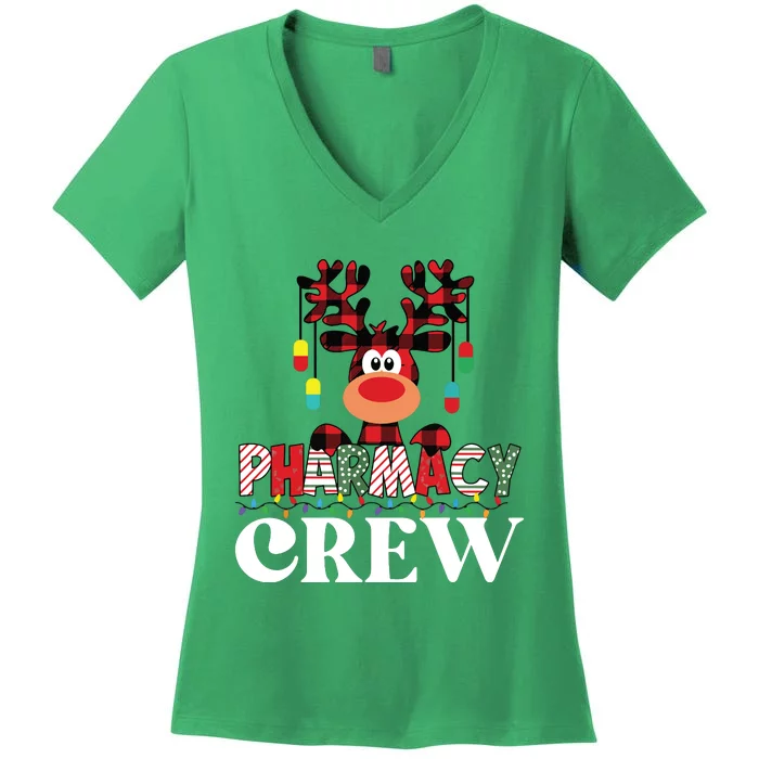 Funny Red Plaid Reindeer Pharmacy Crew Christmas Women's V-Neck T-Shirt