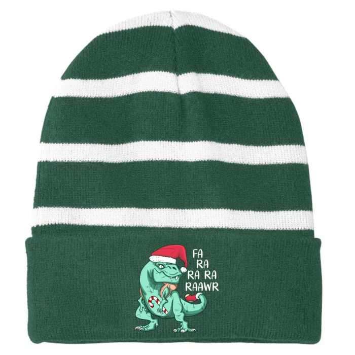 Fa Ra Ra Ra Raawr Christmas T Rex Dinosaur Striped Beanie with Solid Band