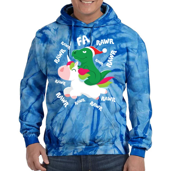 Fa Ra Rawr Trex Dinosaur Riding Reindeer Unicorn Christmas Gift Tie Dye Hoodie