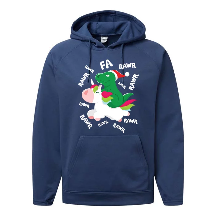 Fa Ra Rawr Trex Dinosaur Riding Reindeer Unicorn Christmas Gift Performance Fleece Hoodie