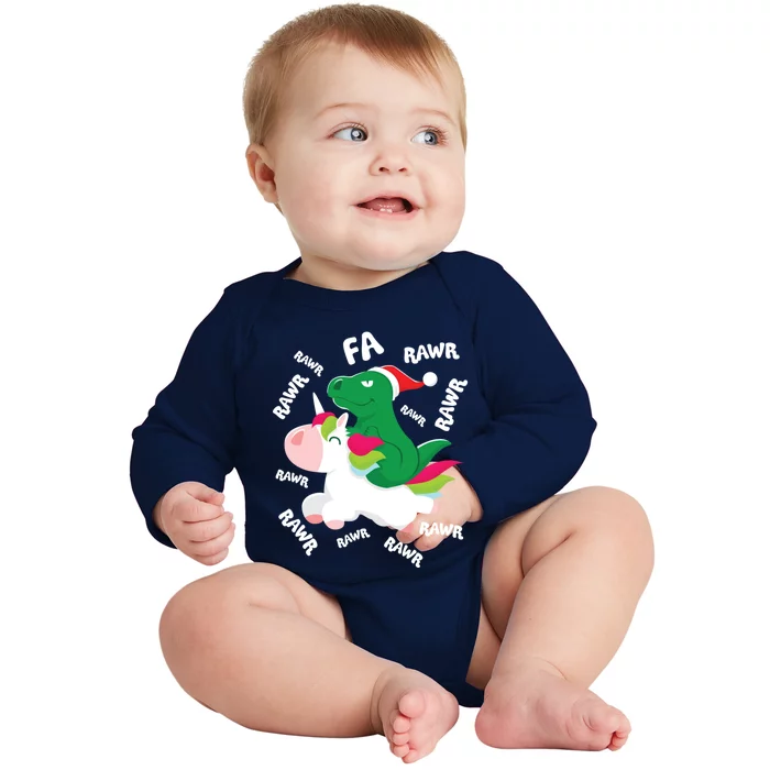 Fa Ra Rawr Trex Dinosaur Riding Reindeer Unicorn Christmas Gift Baby Long Sleeve Bodysuit