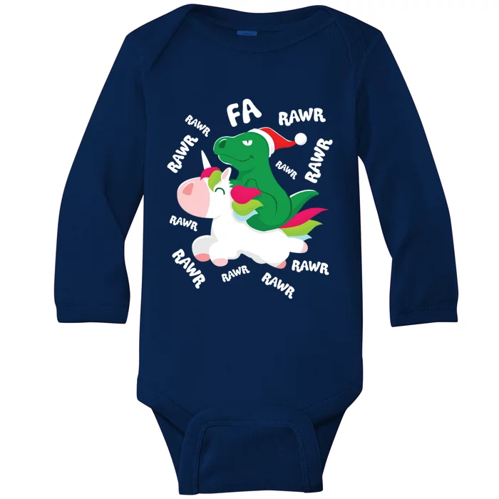 Fa Ra Rawr Trex Dinosaur Riding Reindeer Unicorn Christmas Gift Baby Long Sleeve Bodysuit