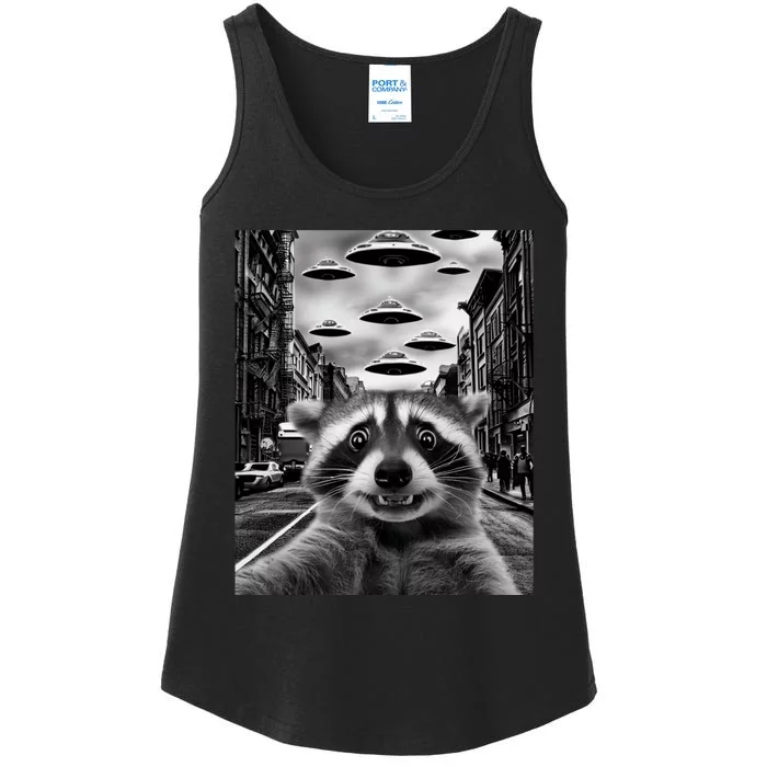 Funny Retro Raccoon UFO Selfie Ladies Essential Tank