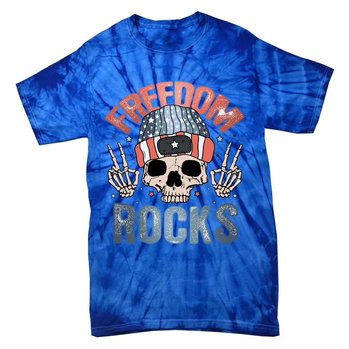 Freedom Rocks Retro 4th Of July Skull Skeleton American Gift Tie-Dye T-Shirt