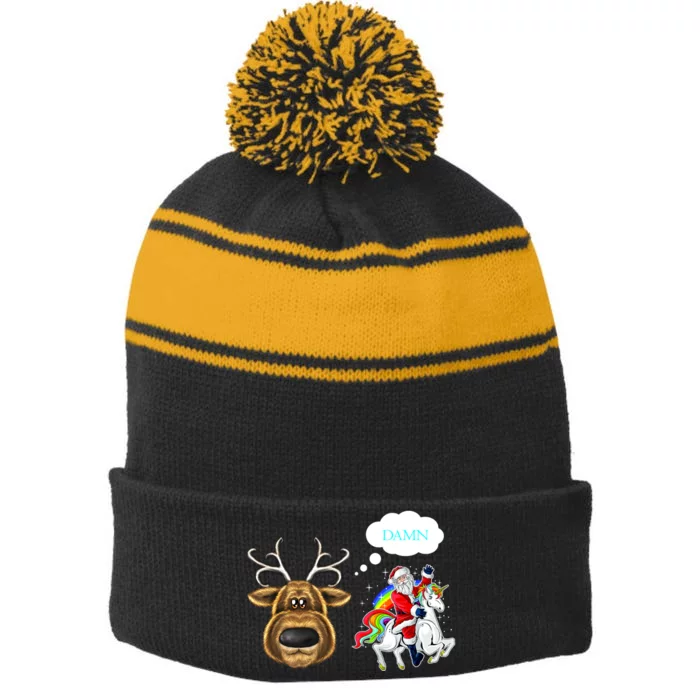 Funny Reindeer Replaced By Unicorn With Santa Claus Stripe Pom Pom Beanie