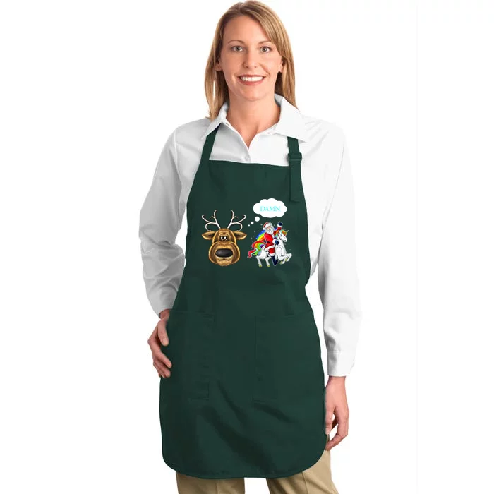 Funny Reindeer Replaced By Unicorn With Santa Claus Full-Length Apron With Pocket